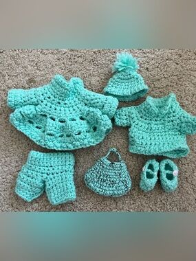 Handmade Crochet Doll Outfit Set – 6 Piece Light Blue Ensemble